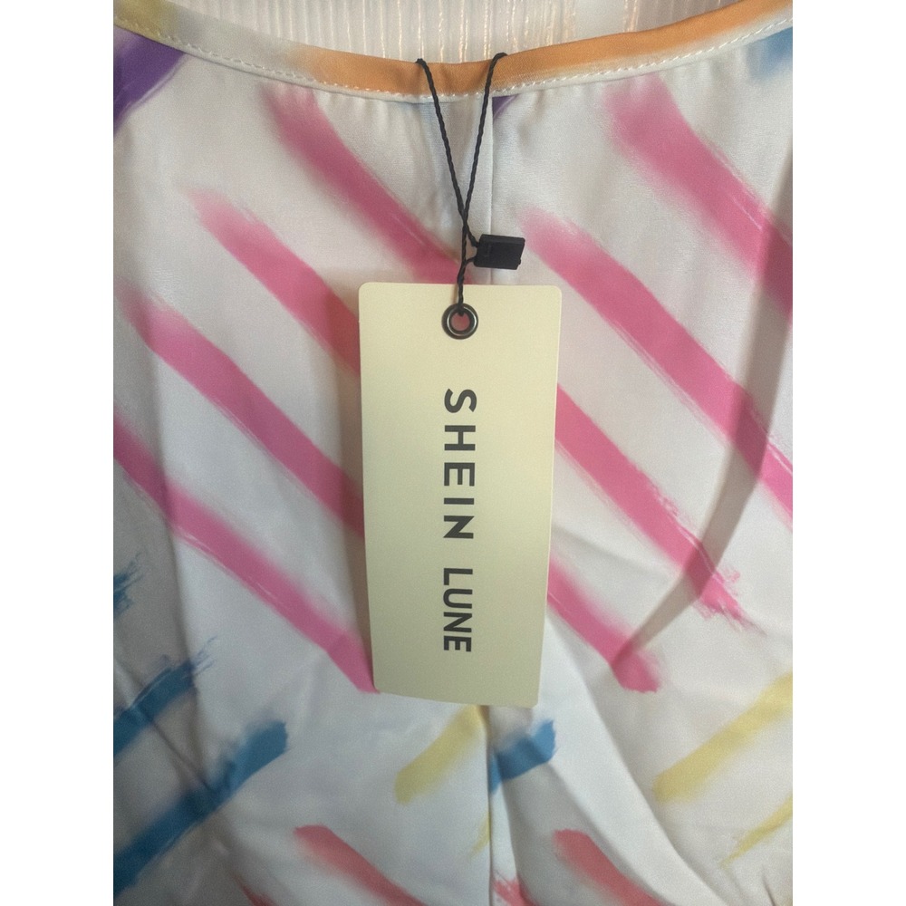 SHEIN LUNE Womens XL White Abstract Brushstroke Short Sleeve Blouse Top NEW - Picture 4 of 8